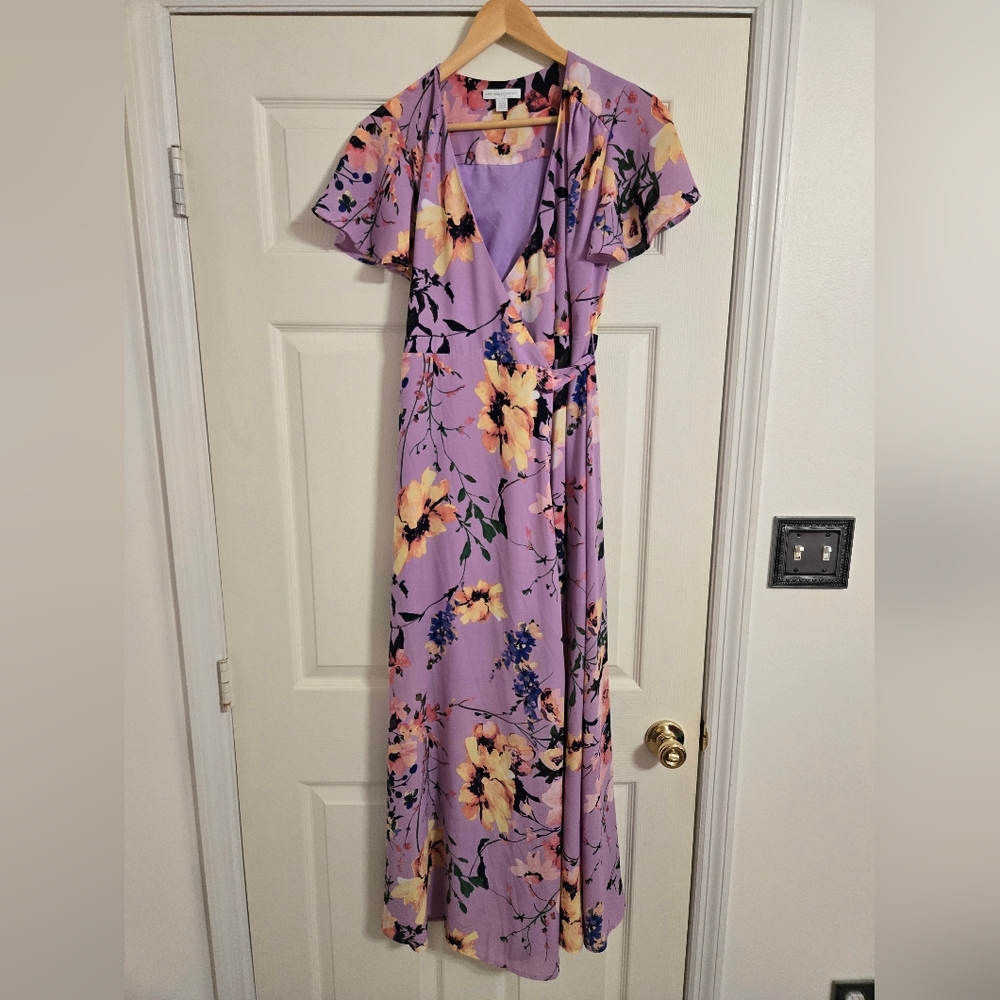 New York & Company Purple Floral Wrap Maxi Dress Size Small Petite